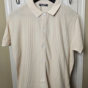 Tan Casual Button Down Polo Golf Shirt with Ribbed Texture